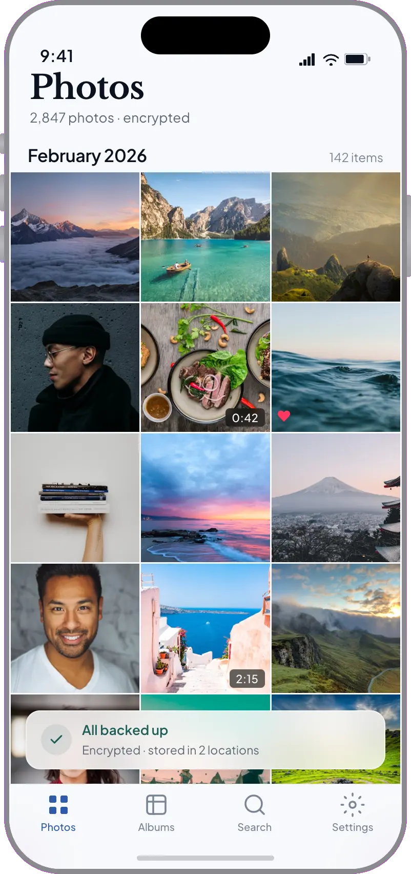 Abrio photo app showing an encrypted photo library